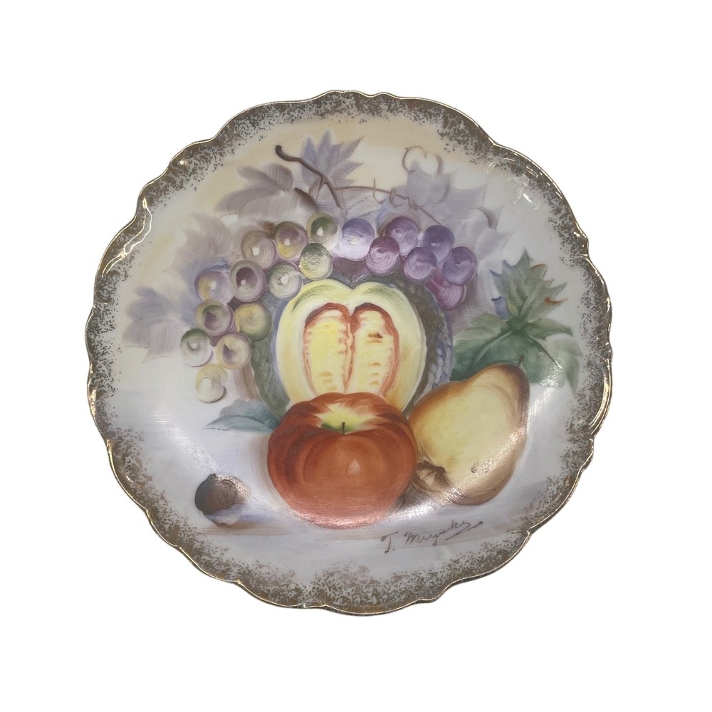 Vintage Ucagco Japan Hand Painted Fruit Plate Signed T Miyake MCM Gold Rim 8"